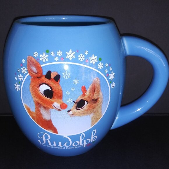 Rudolph the Red Nosed Reindeer Blue Oval Coffee Mug Hot Chocolate Teacup - Picture 1 of 8